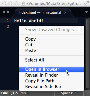 Sublime Text's right-click shortcut to open an HTML file in your browser