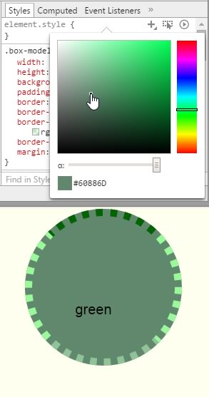 The colorpicker displays colours in terms of hue, saturation and luminosty