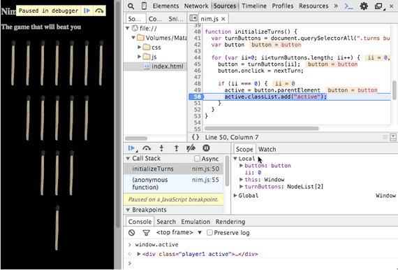 The active variable is a global, stored as a property of the window object